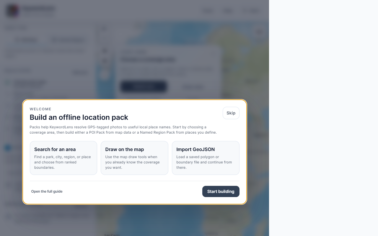 First-use welcome panel with Search for an area, Draw on the map, Import GeoJSON, Open guide, and Start building actions.