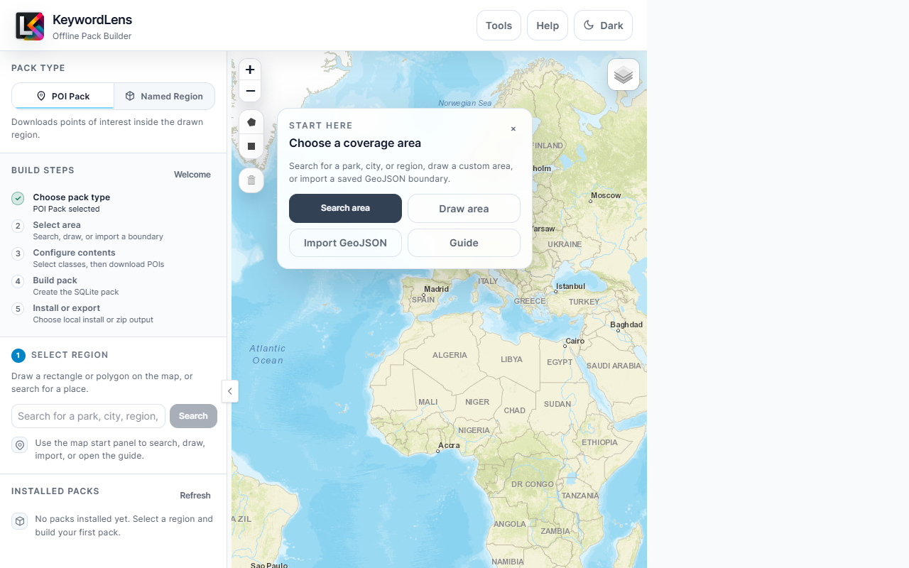 Pack Builder overview with Pack Type, Build Steps, Select Region, Installed Packs, the map, and the Start Here panel.