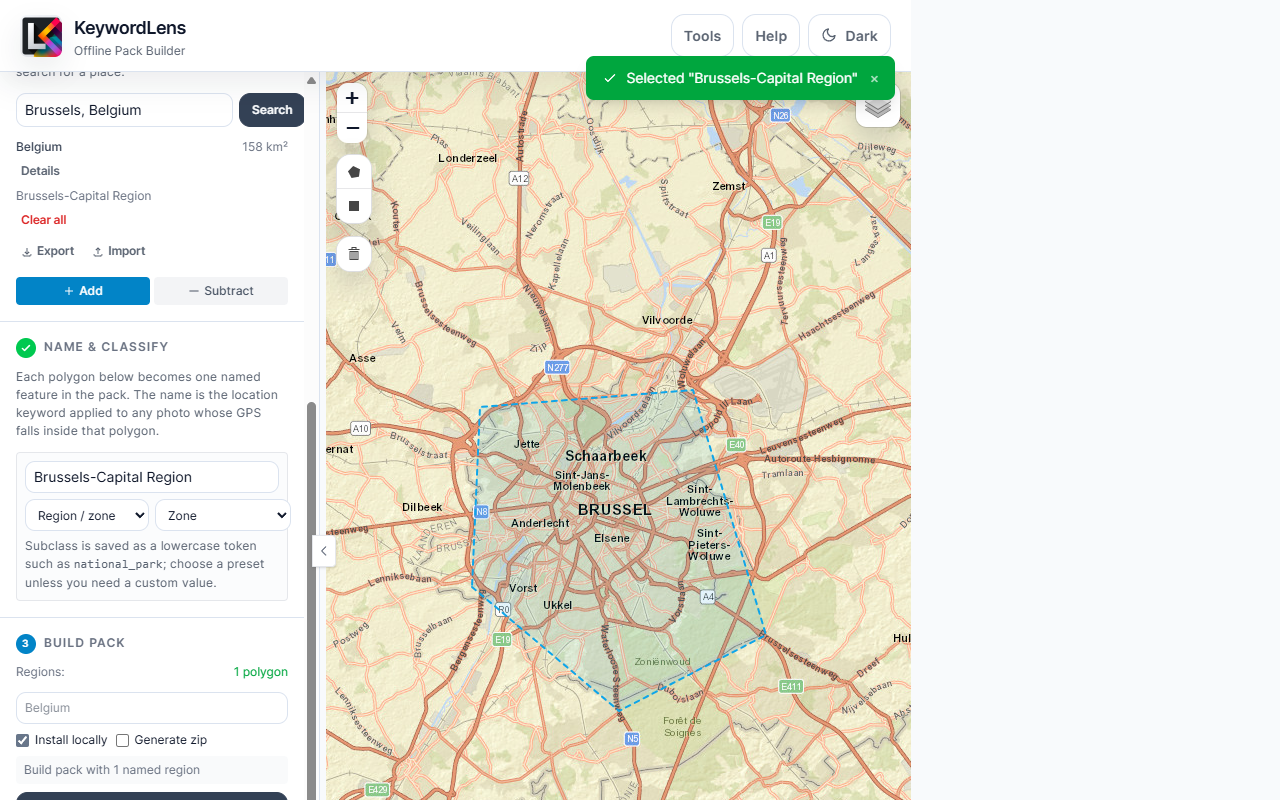 Brussels selected in Named Region mode with the Name and Classify form and Build Pack step visible.