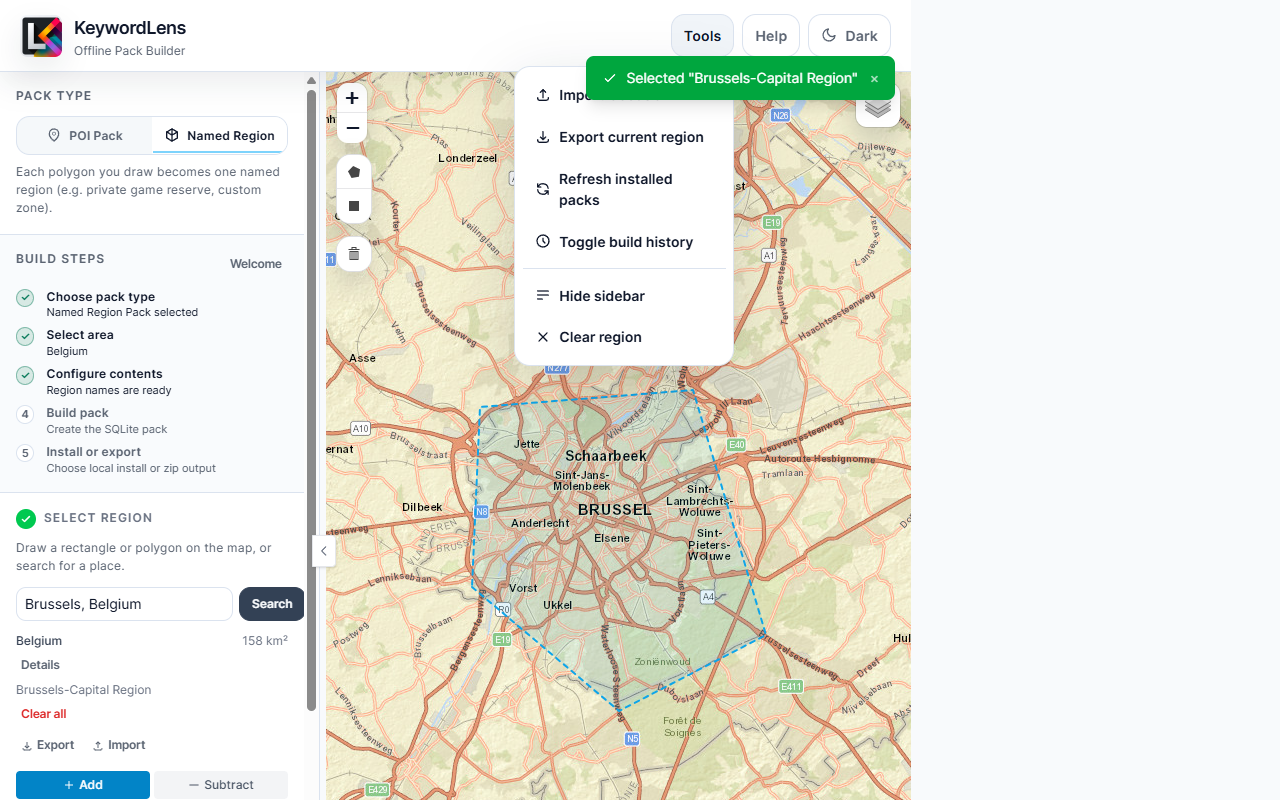 Tools menu with import, export, refresh, build history, sidebar, and clear actions.