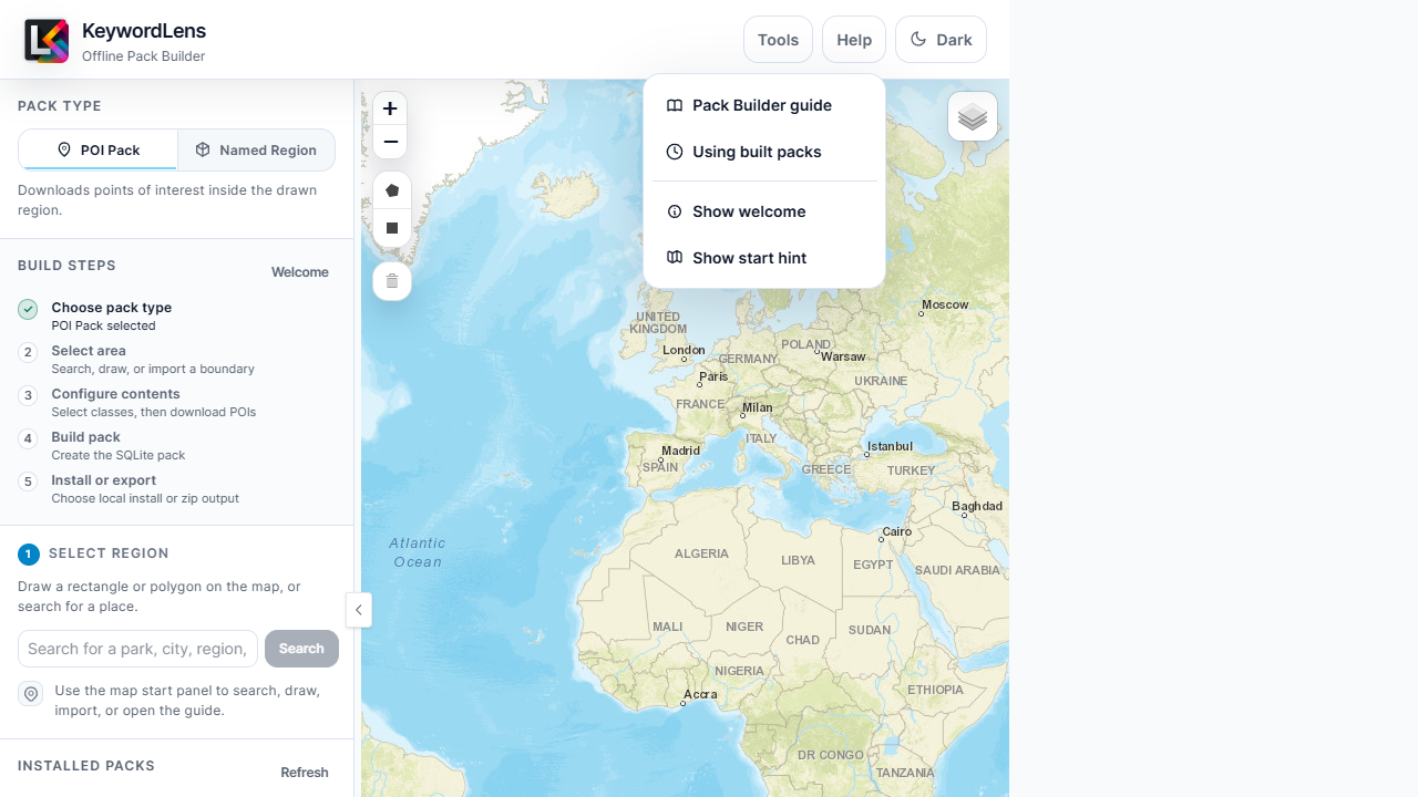 Help menu with Pack Builder guide, Using built packs, Show welcome, and Show start hint actions.